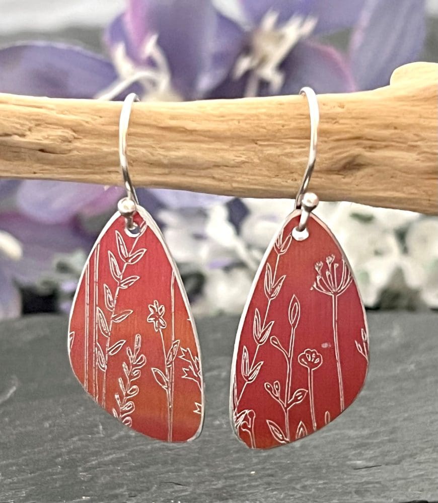 engraved and hand painted botanical earrings