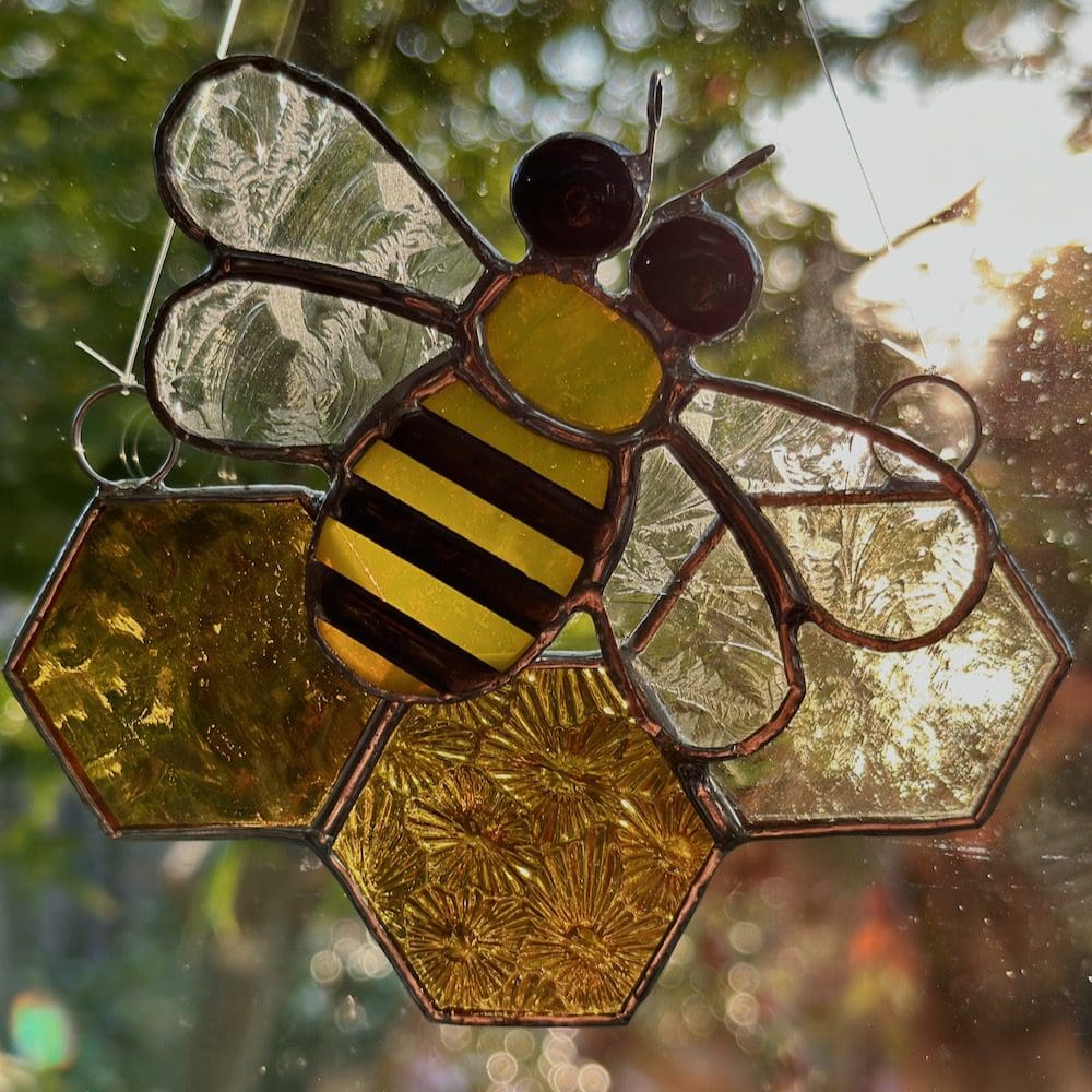 Stained glass bee on honeycomb suncatcher - small