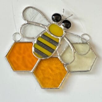 Stained glass bee on honeycomb suncatcher - small