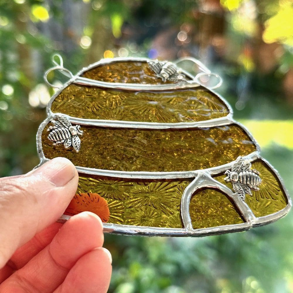 Stained glass beehive suncatcher