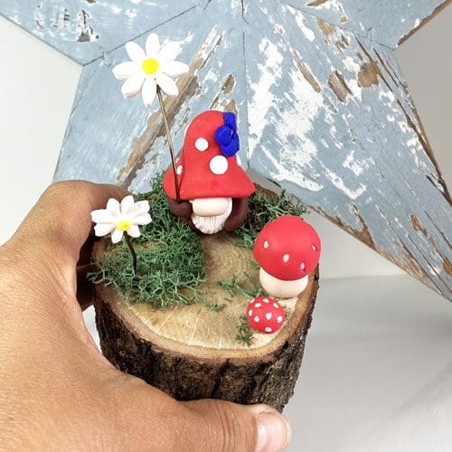 Little polymer clay gnome in a daisy and toadstool garden, gift for gardener