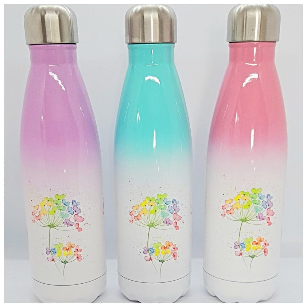 Stainless Steel bowling skittle shape water bottles featuring floral artwork