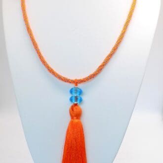 Orange and Turquoise Kumihimo Necklace with large Orange Silk Tassel