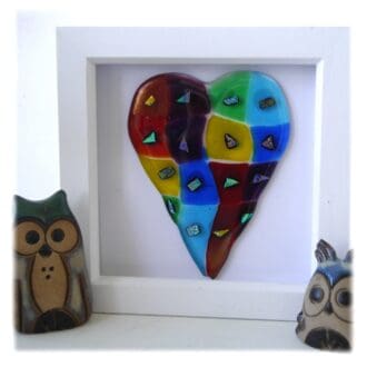 Fused patchwork rainbow box framed picture glass heart dichroic