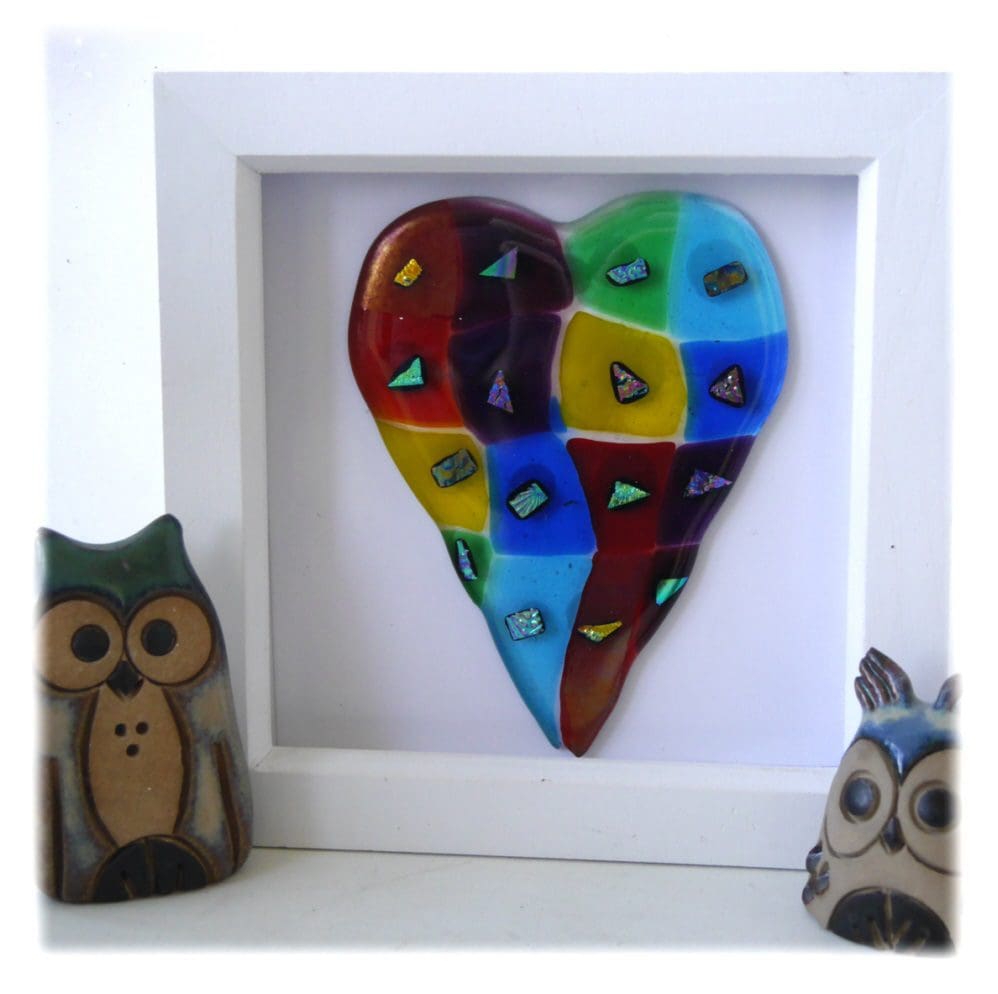 Fused patchwork rainbow box framed picture glass heart dichroic