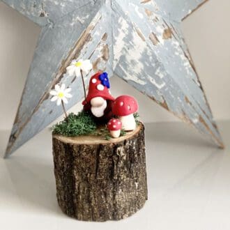 Little polymer clay gnome in a daisy and toadstool garden, gift for gardener
