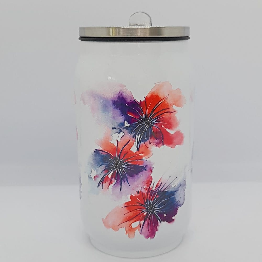 Can style thermos cups featuring floral artwork