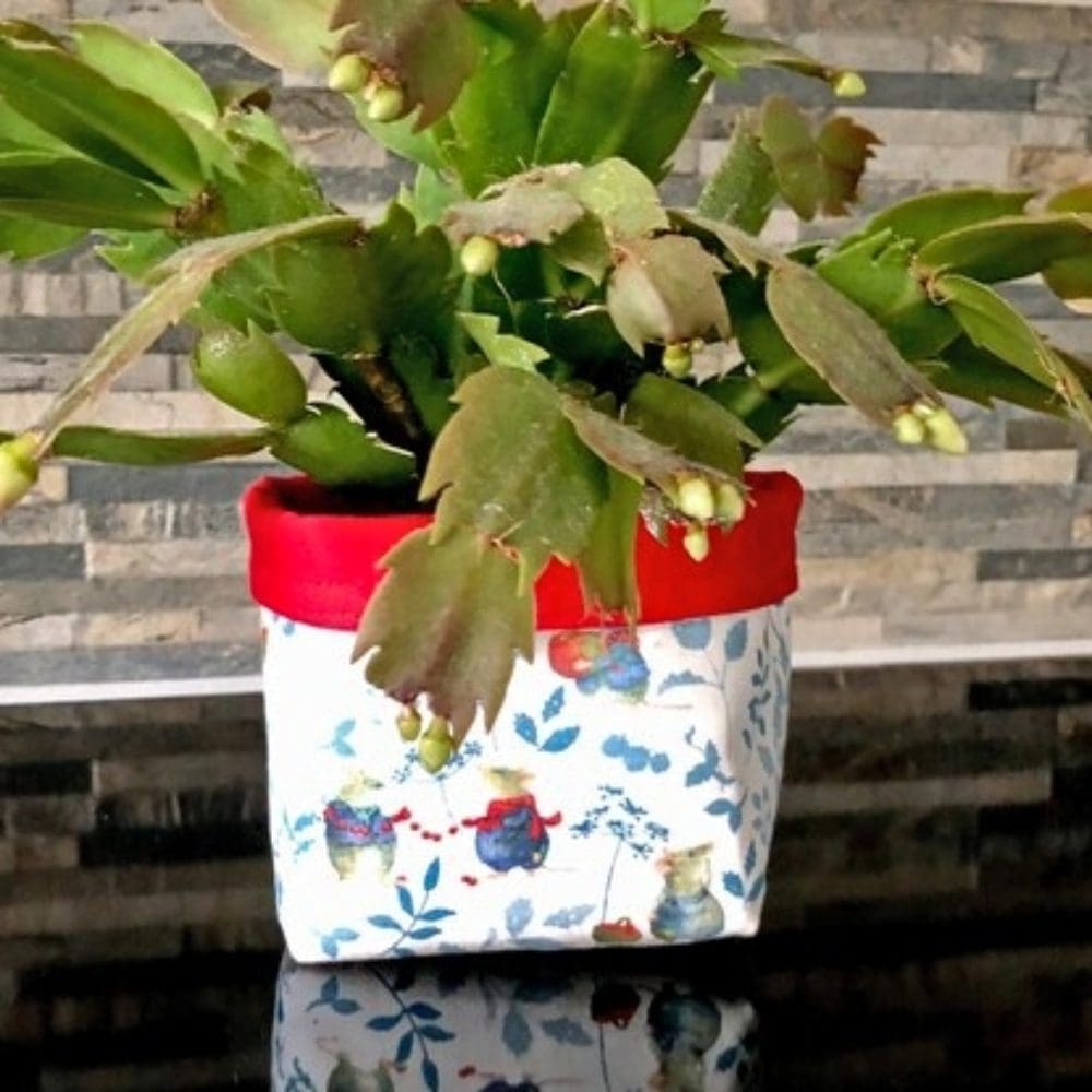 Reversible fabric pots in blue and red winter mice fabric and red lining with a flowering Christmas cactus inside on brick background