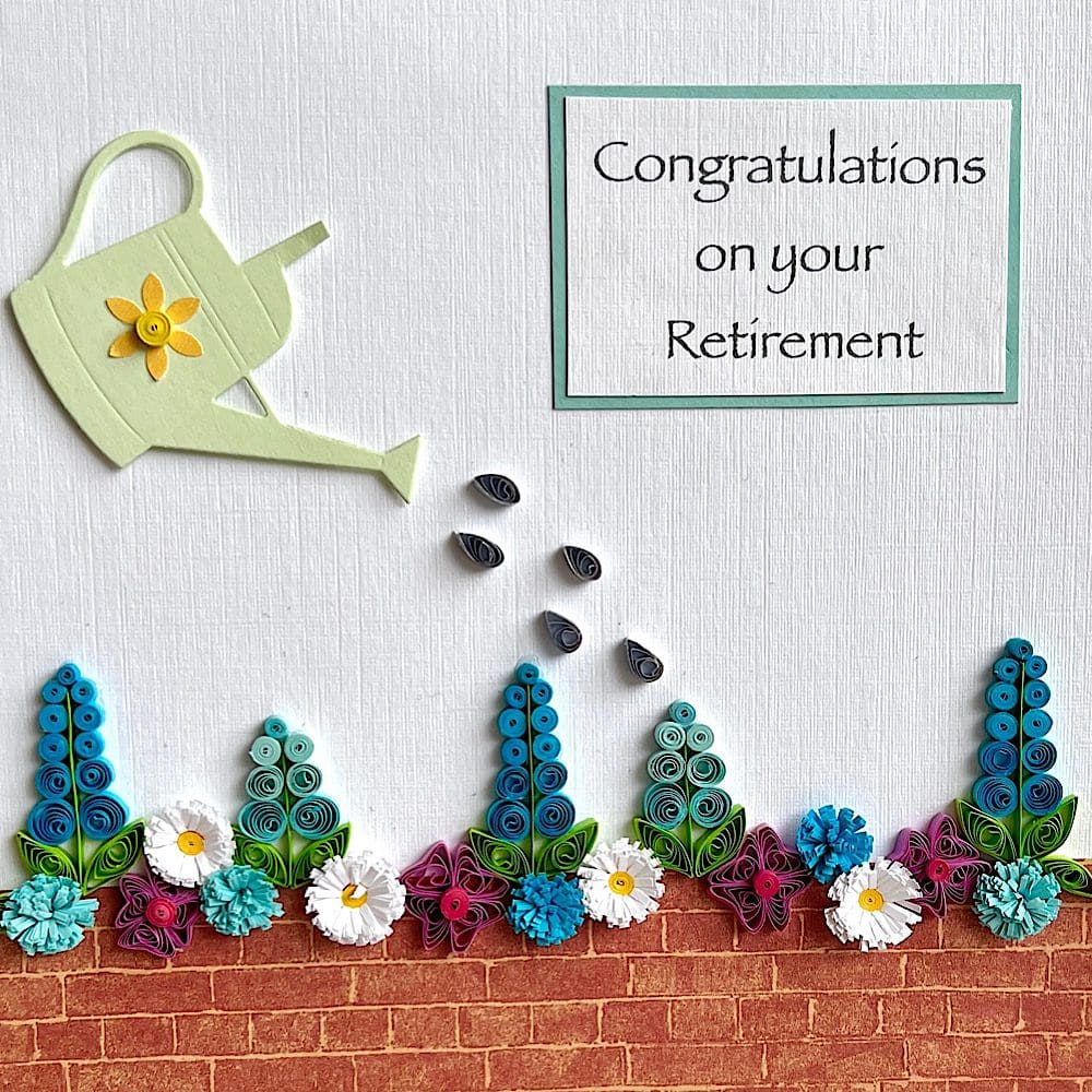 Quilled retirement congratulations card, garden, flowers