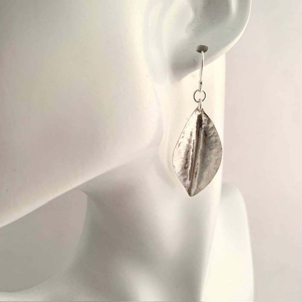 Sterling silver dangle hammered leaf earrings
