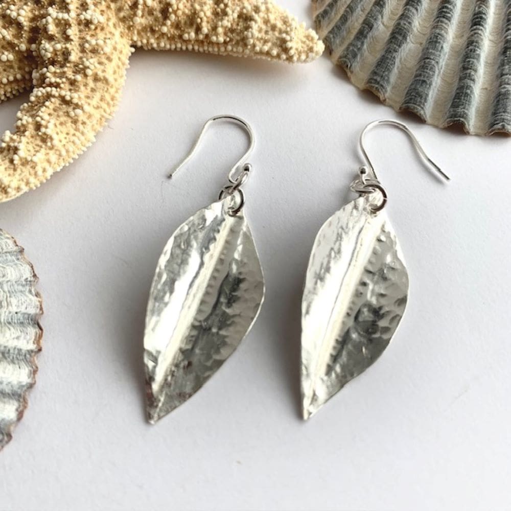 Textured silver leaf dangly earrings
