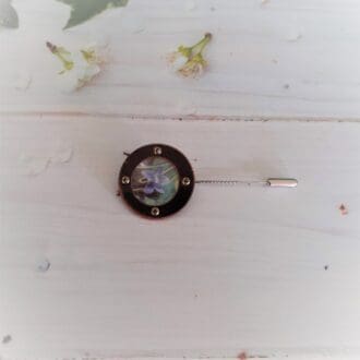 Common violet and recycled copper brooch with stick pin