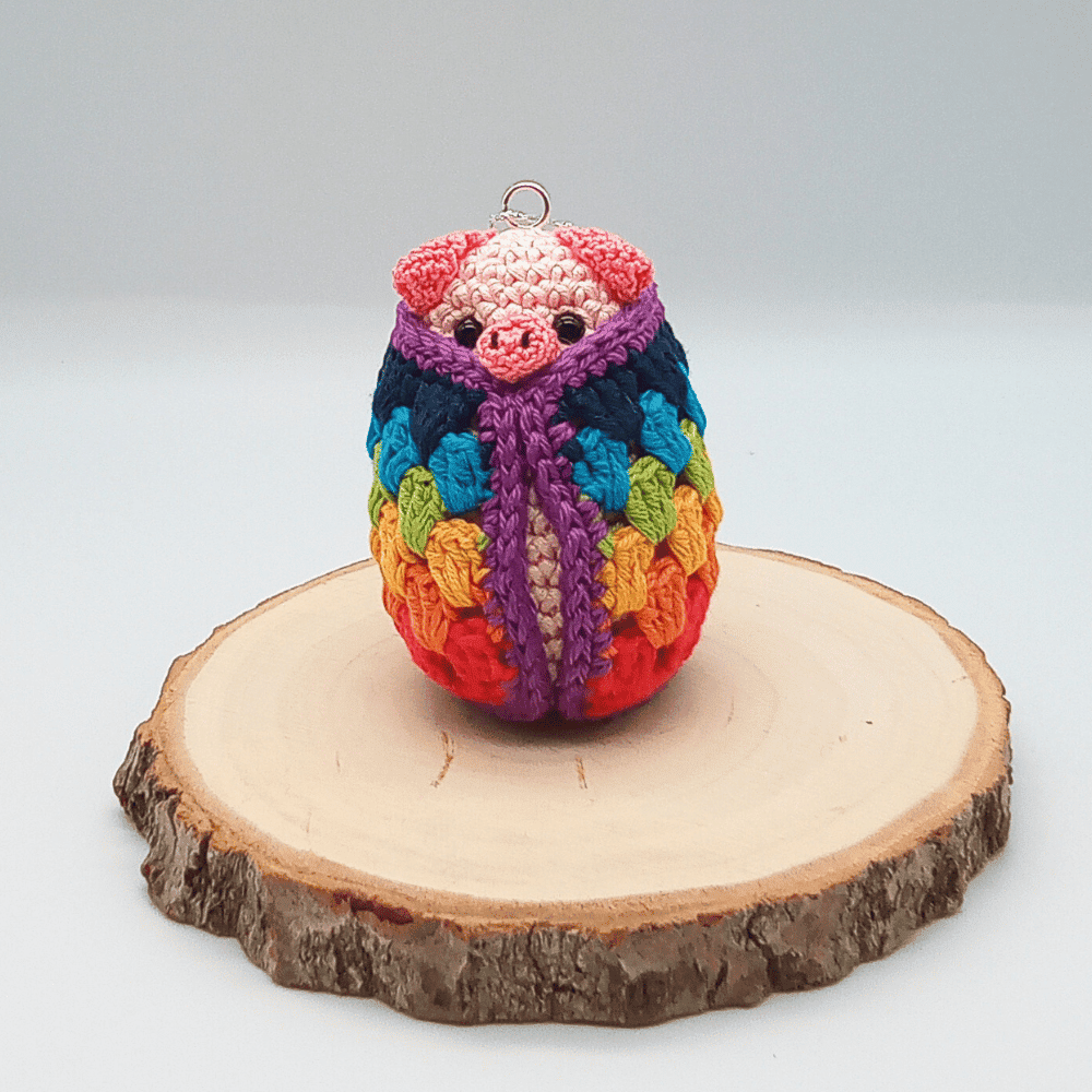 it's a crochet pig wrapped in a rainbow stripe blanket. The pig is pale pink with snout and ears in dark pink. It has two little black eyes. It's sitting on a piece of wood. The background is white