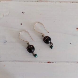 Recycled copper drop earrings with Obsidian and Malachite beads