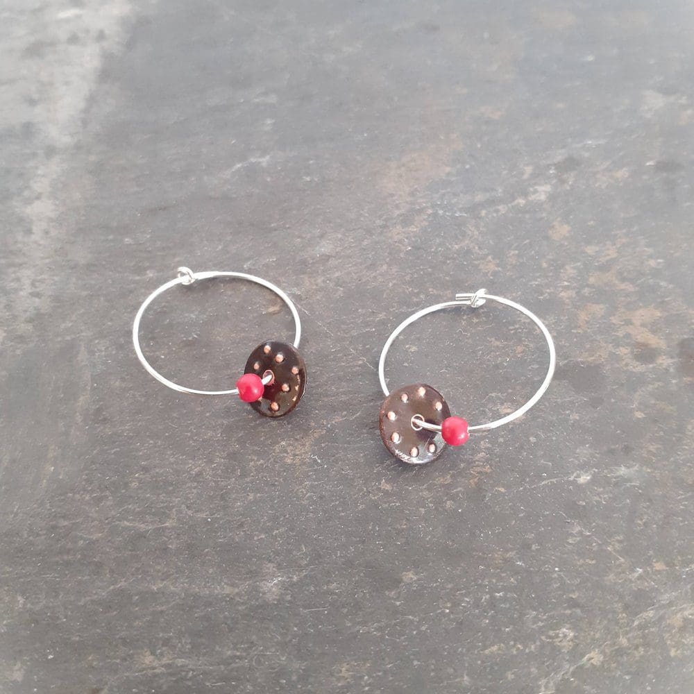 silver hoop earrings with recycled copper and a red coral bead