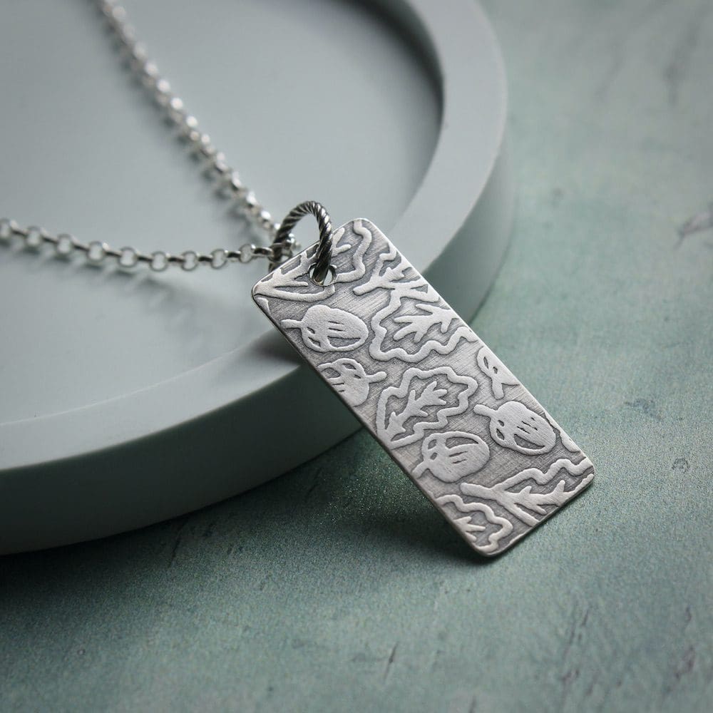 willow and twigg silver oak leaf and acorn pattern rectangular necklace