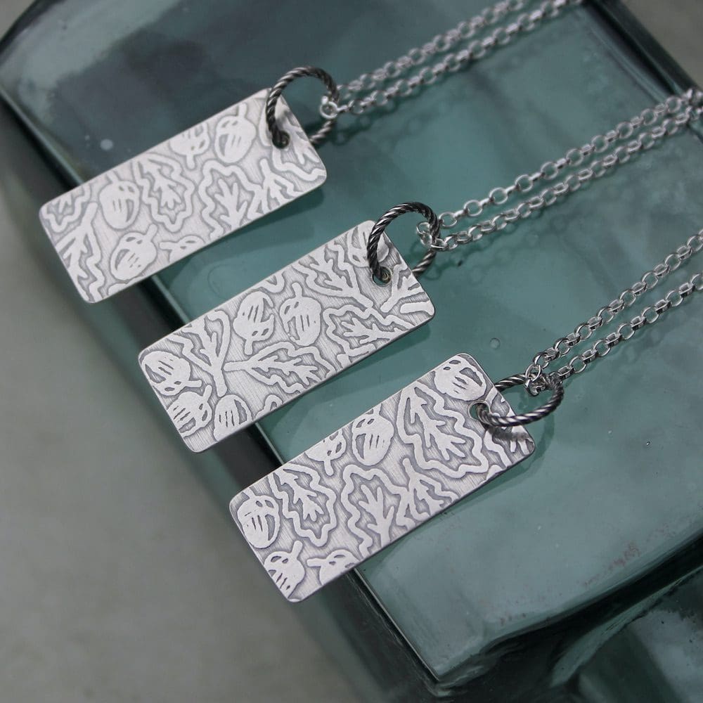 willow and twigg silver oak leaf and acorn pattern rectangular necklace