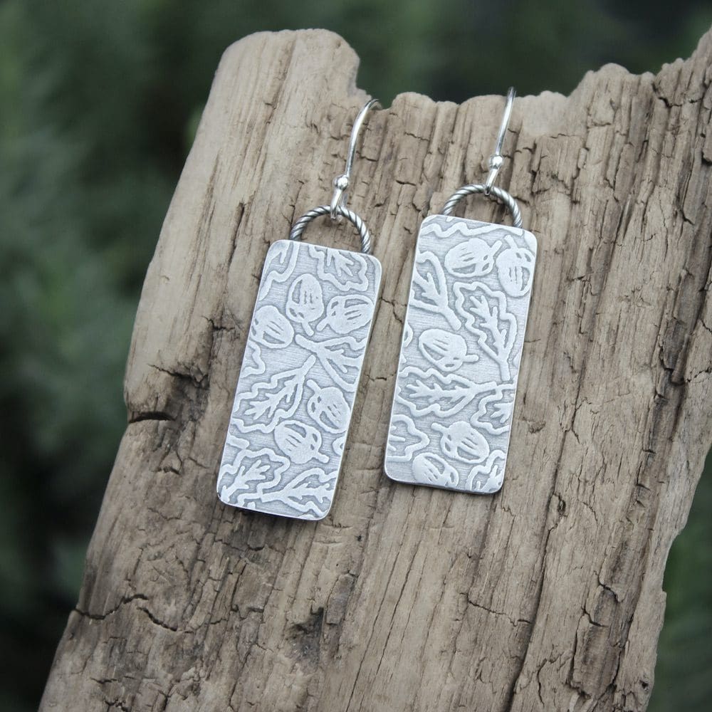 willow and twigg silver oak leaf pattern rectangular drop earrings