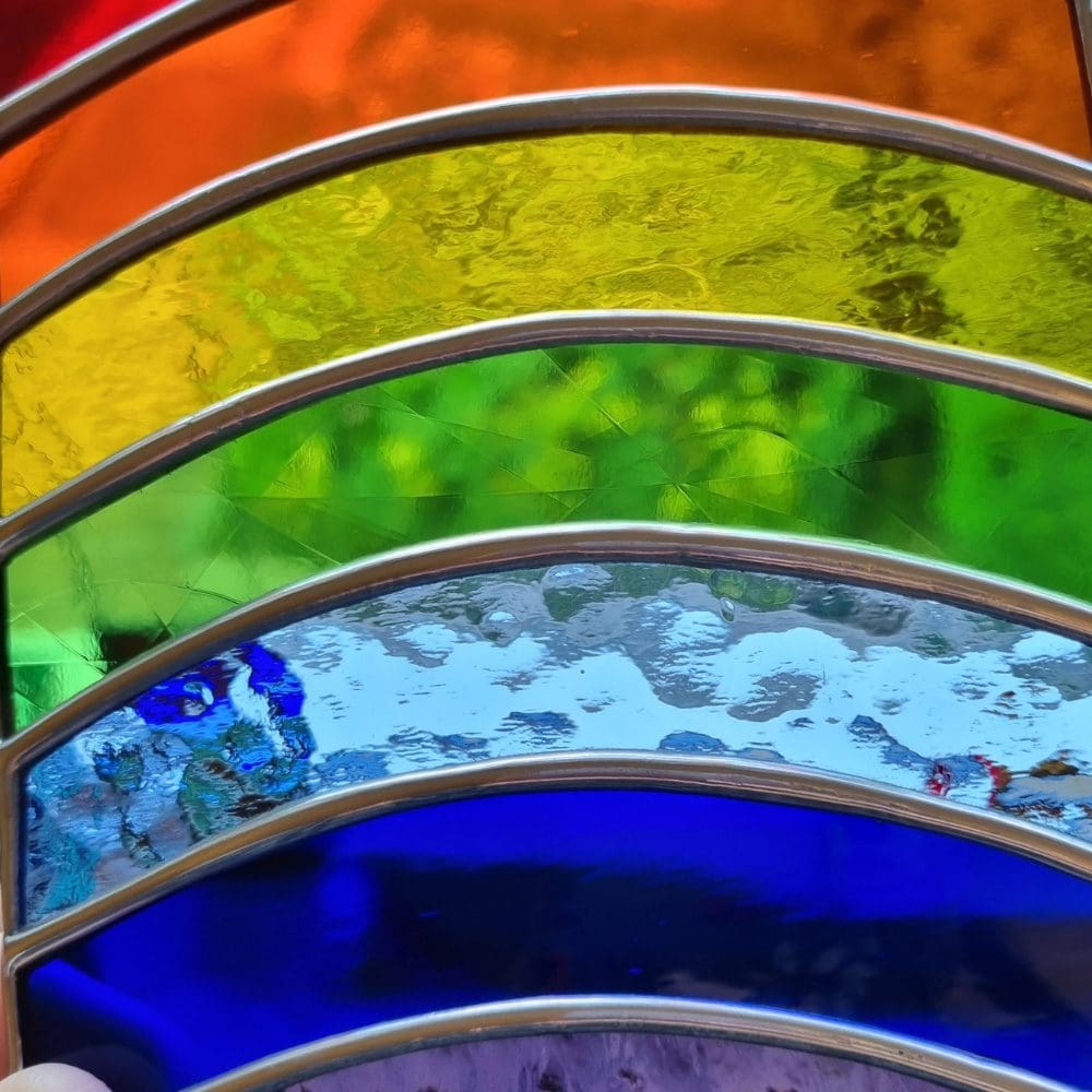 Close up of textured glass in stained glass rainbow suncatcher by Millerman Glass