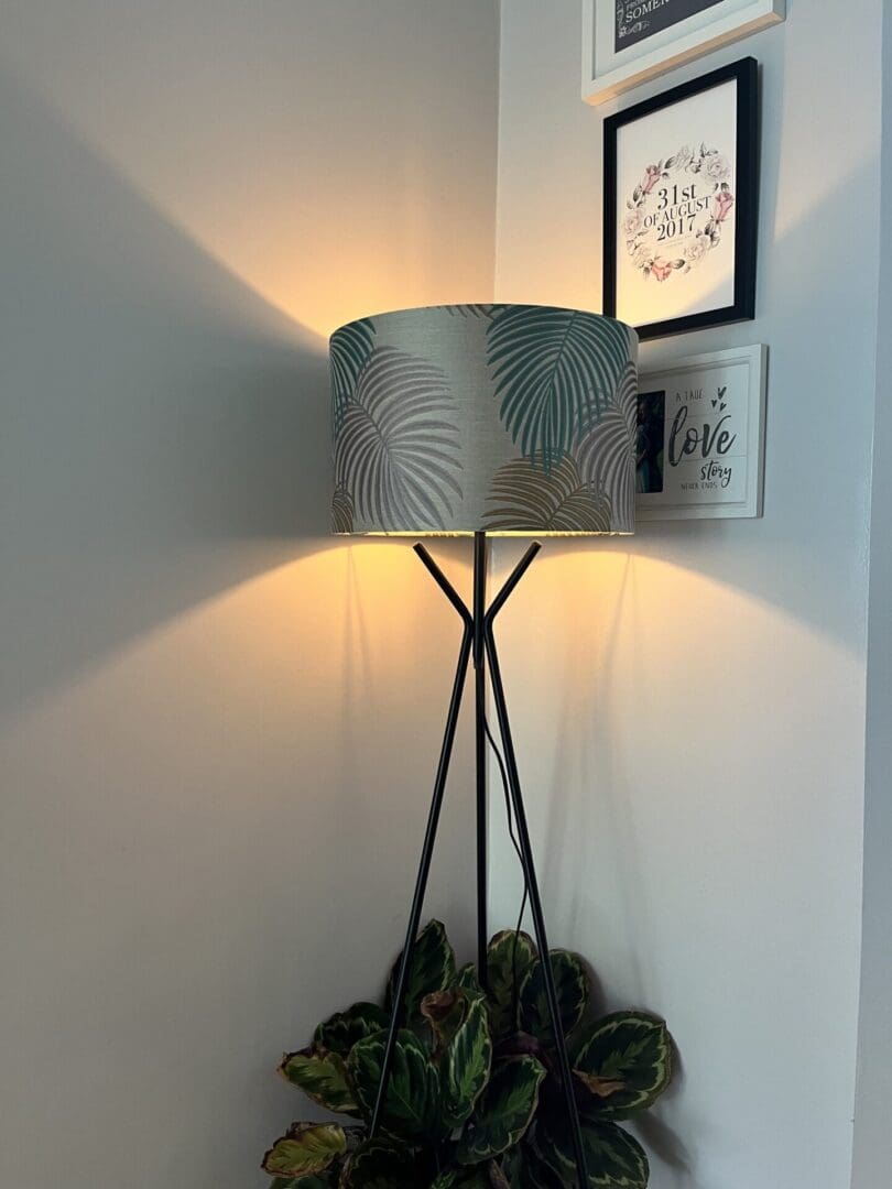 large 40cm diameter x 25cm high drum lampshade beige background with large palm leaves in green gold and mauve