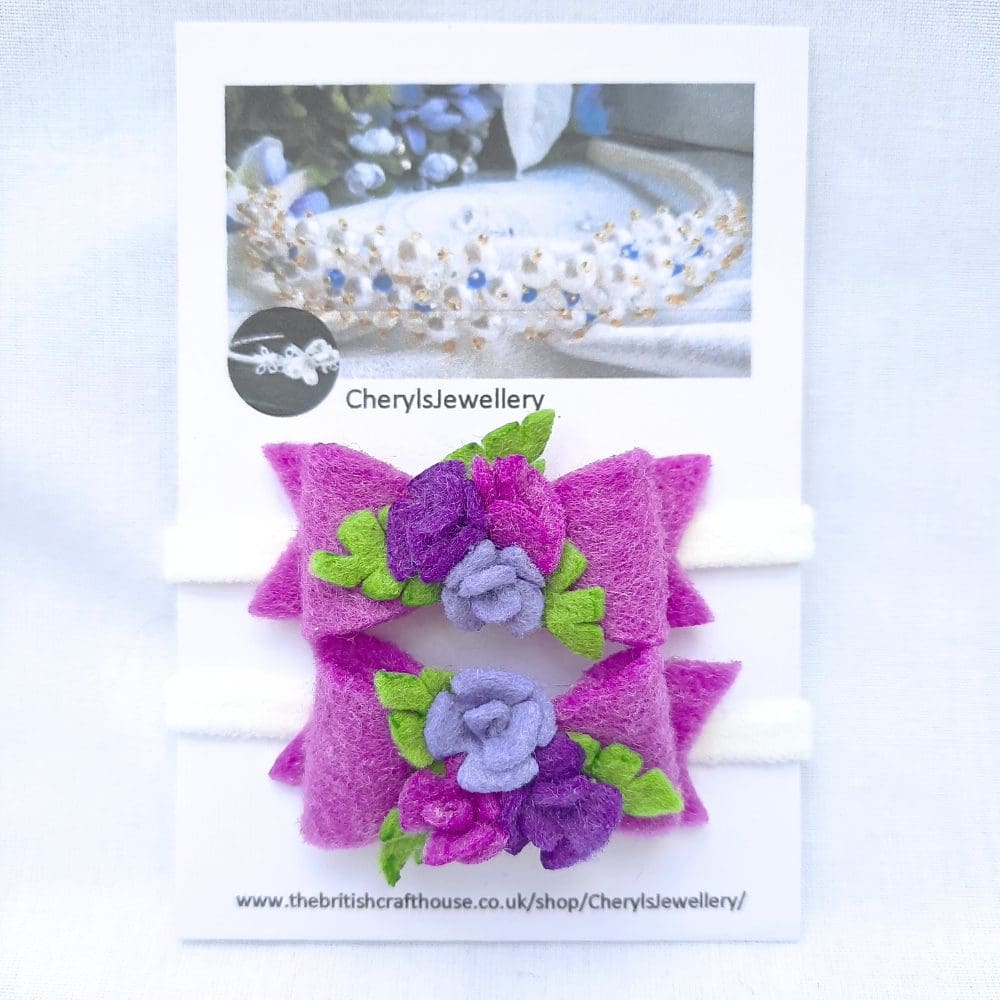 Hair elastics with felt bow and roses in purple