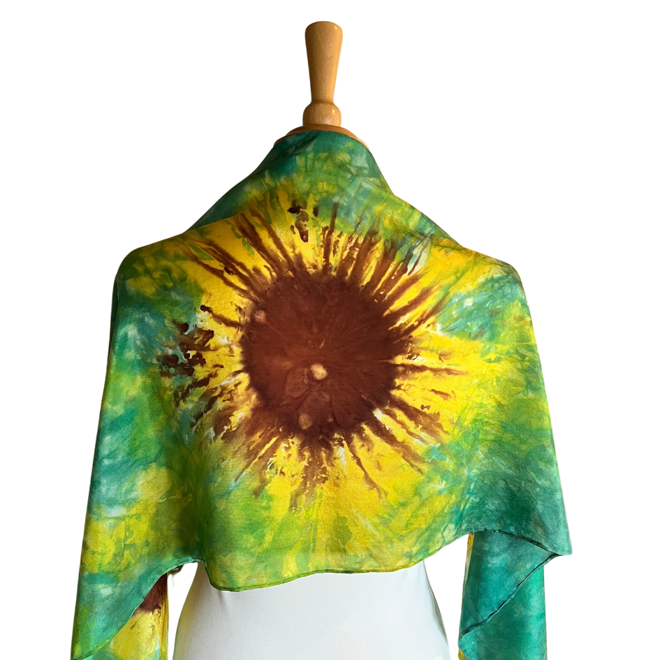 Hand-painted-sunflowers-on-silk-scarf