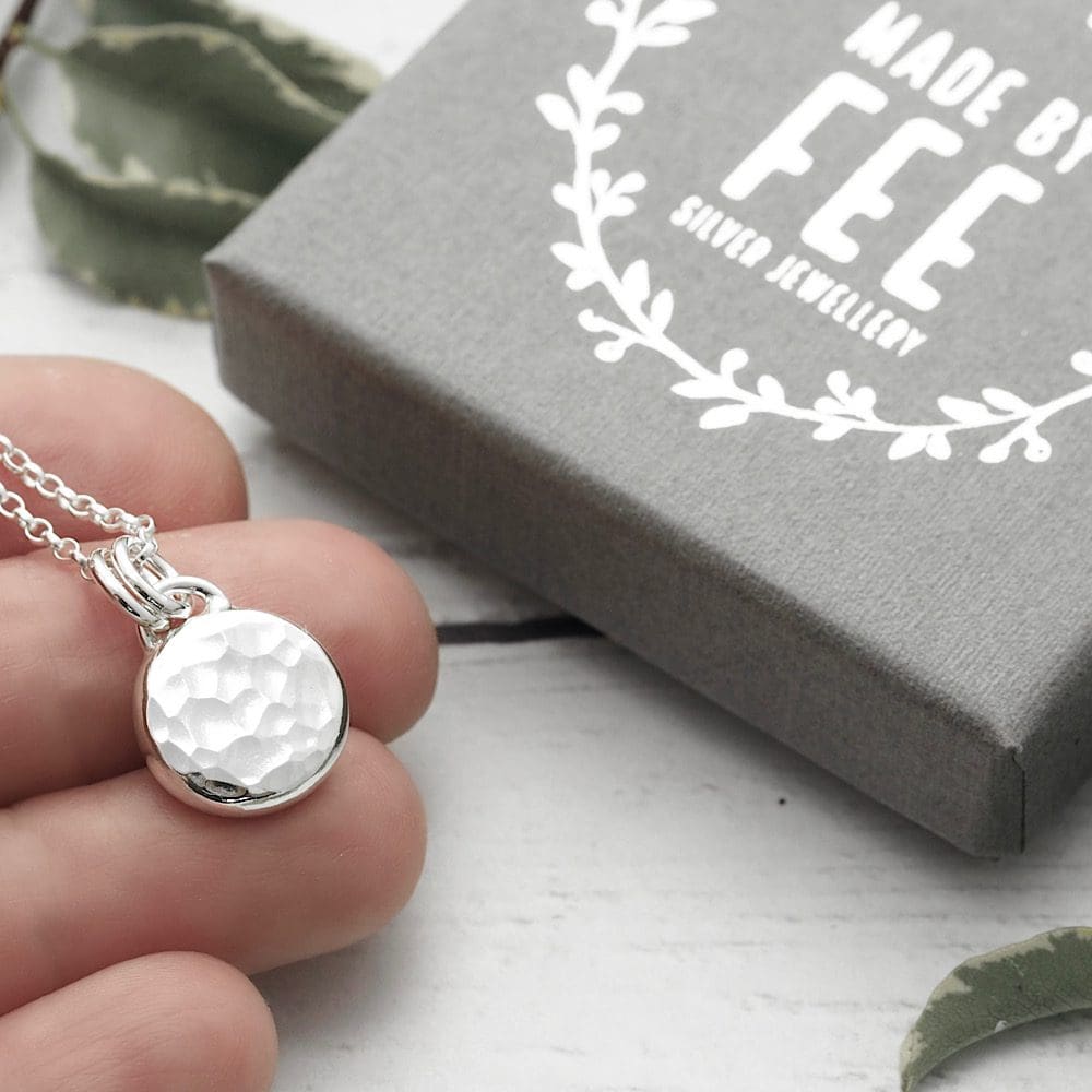 Hammered argentium sterling silver pebble disc pendant necklace
