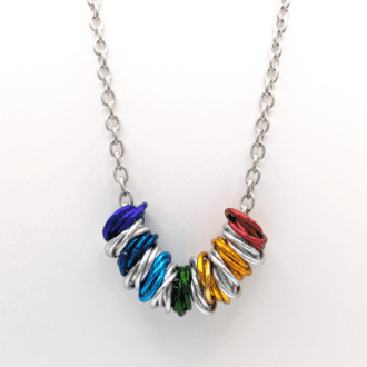 13 separate mobius units in silver and rainbow colours on an 18" stainless steel chain