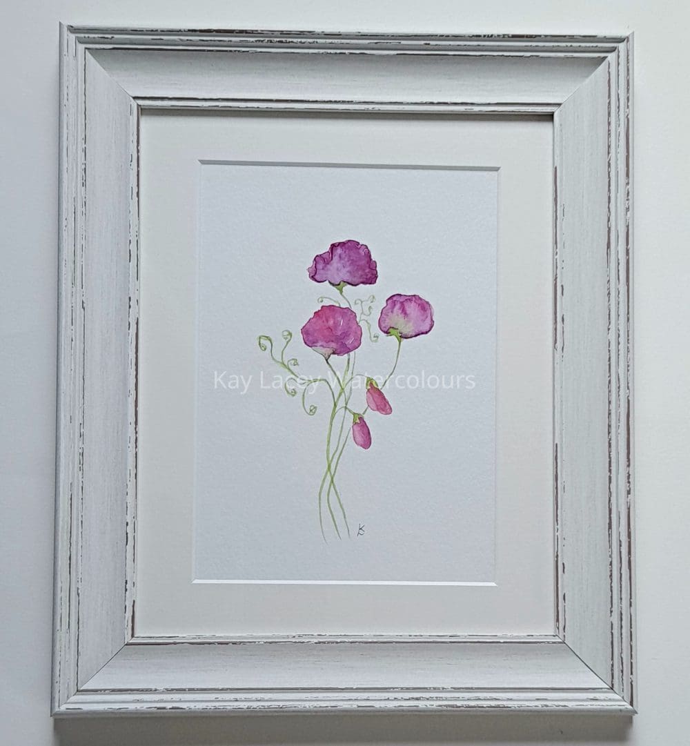 Delicate framed Watercolour Painting of Sweet peas