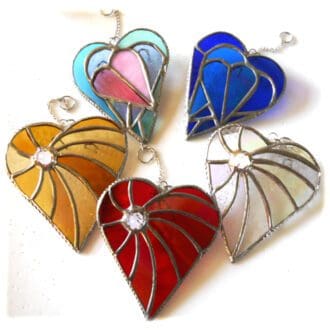 Swirled and Triple Heart stained glass suncatchers handmade