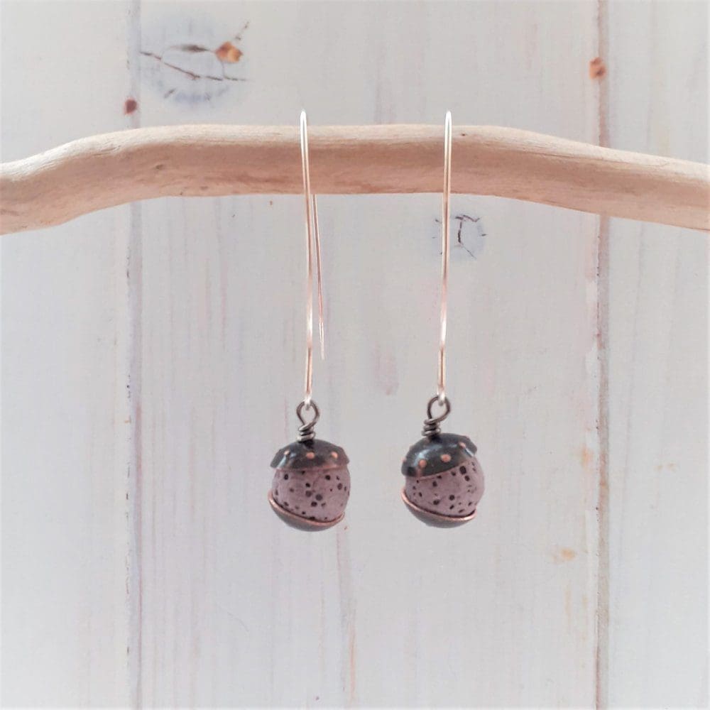 copper and purple lava rock bead drop earrings