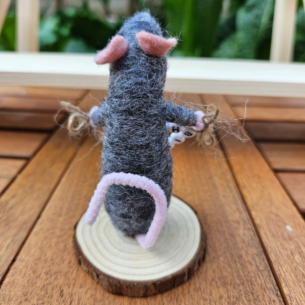 back view of Needle felted mice holding bead Happy Birthday sign