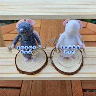 Needle felted mice holding Thank you bead sign