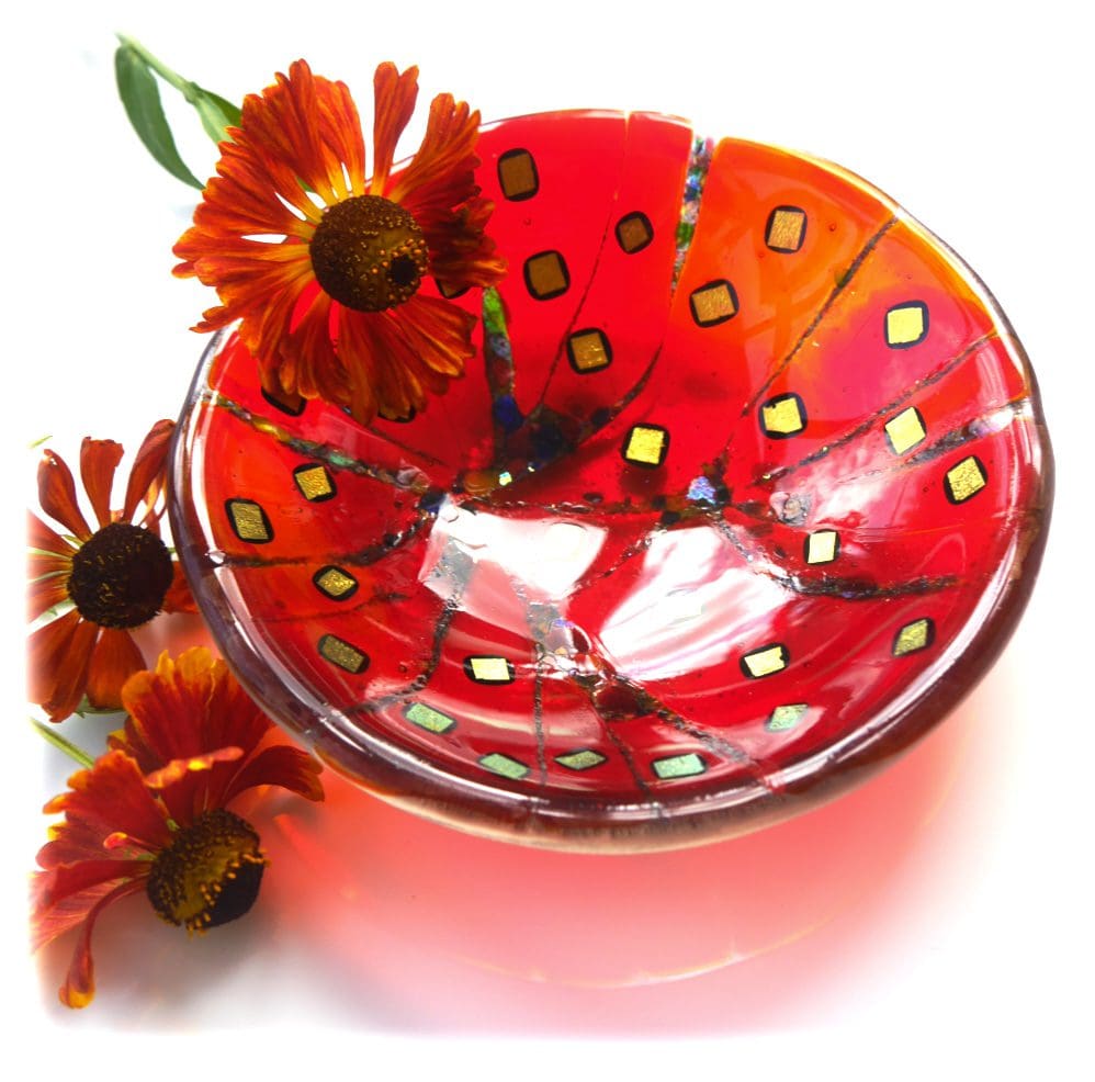 Sunset Red dichroic gold fused glass bowl 12.5cm perfectly imperfect