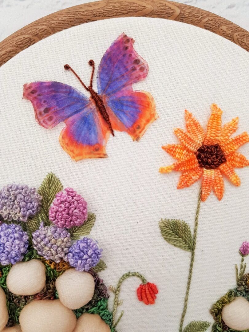 Stumpwork Embroidery Sunflower, Wildflower and Butterfly Hand Embroidery Hoop