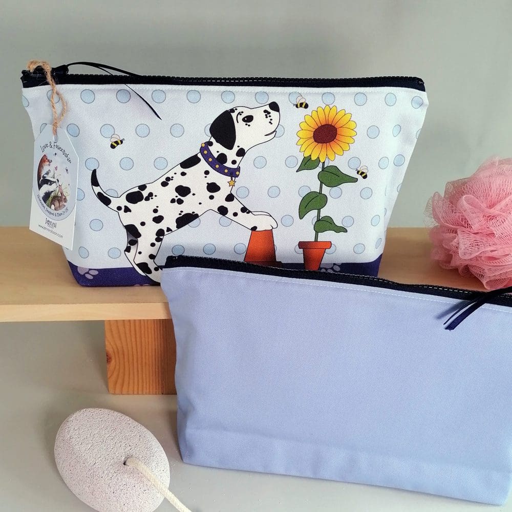 large washbag, cotton outer, chunky zipper, water resistant lining, large pencil case, cosmetic bag, toiletries bag, spotty dog illustration, sunflower