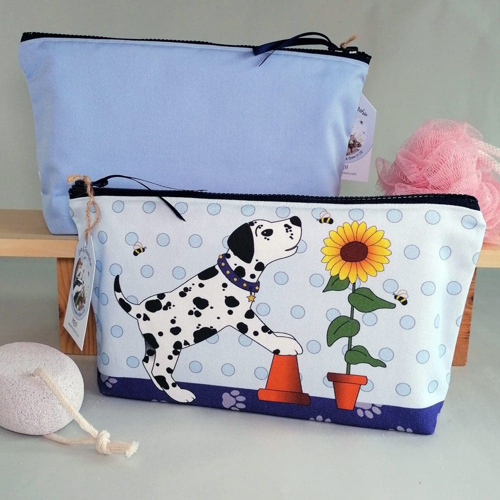 large washbag, cotton outer, chunky zipper, water resistant lining, large pencil case, cosmetic bag, toiletries bag, dog illustration, sunflower