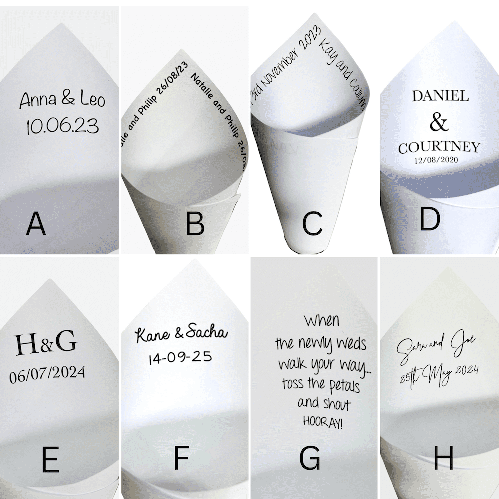 Font options to personalise Confetti Cones.