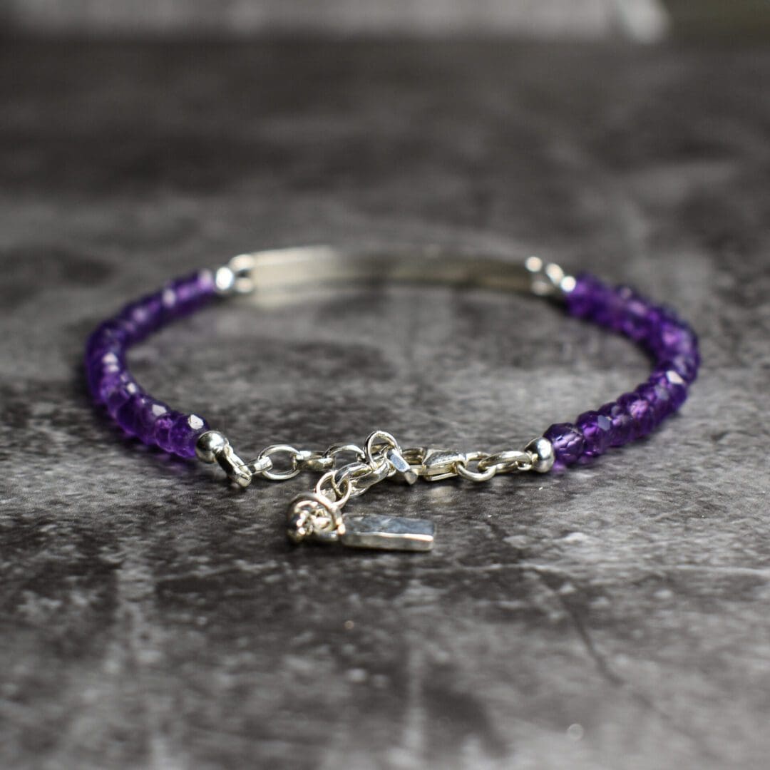 Amethyst Bar bracelet, Argentium Sterling Silver with a fully adjustable high quality clasp and extension chain.