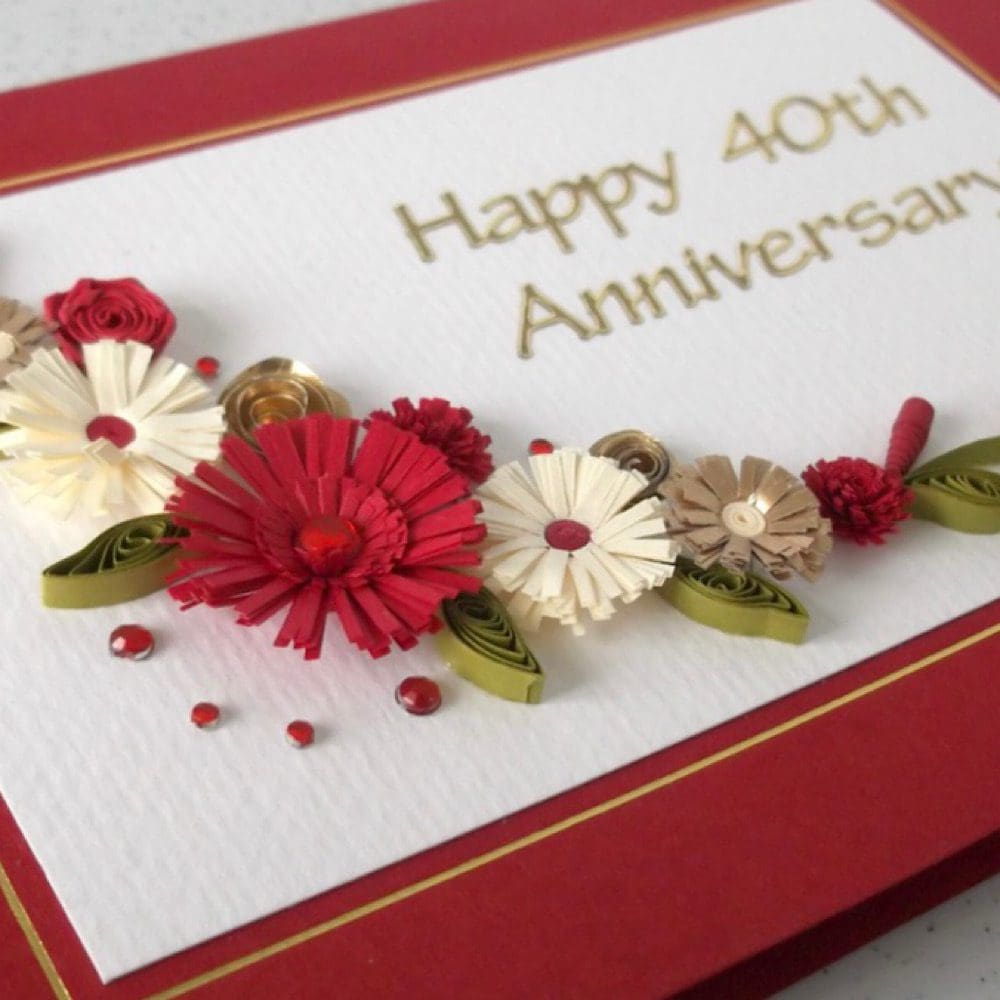 Handmade 40th ruby wedding anniversary card with quilled flowers