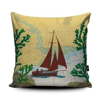 Boat sailing on the Beaulieu cushion by Hannah Wisdom Textiles