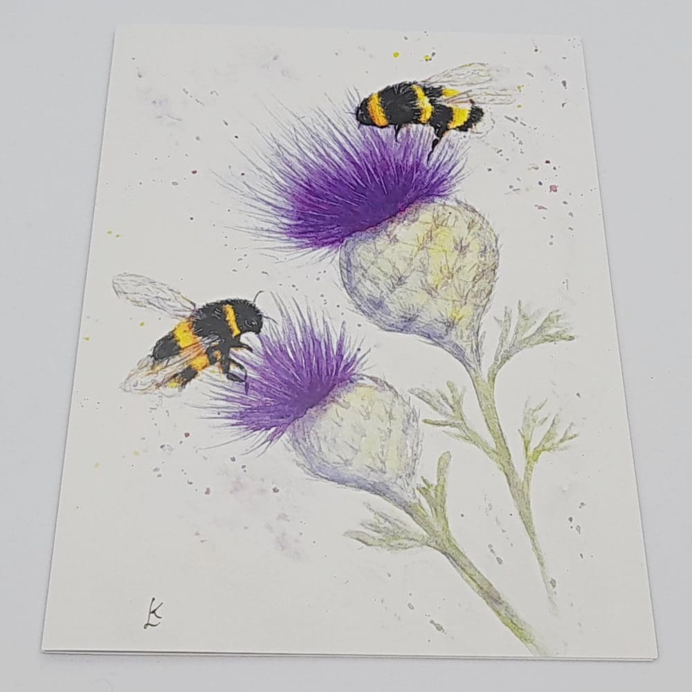 Bees and Thistles artwork from an original Watercolour on A5 Blank Greetings card
