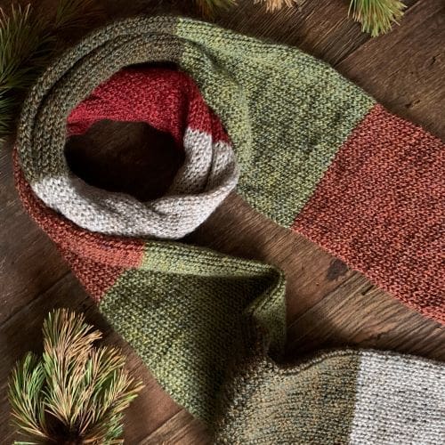 Long knitted block stripe scarf in woodland shades