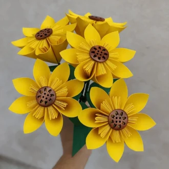 Bouquet of 5 origami paper sunflowers folded from sunshine yellow recycled paper
