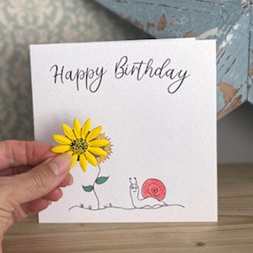 Happy Birthday card with handmade clay sunflower fridge magnet