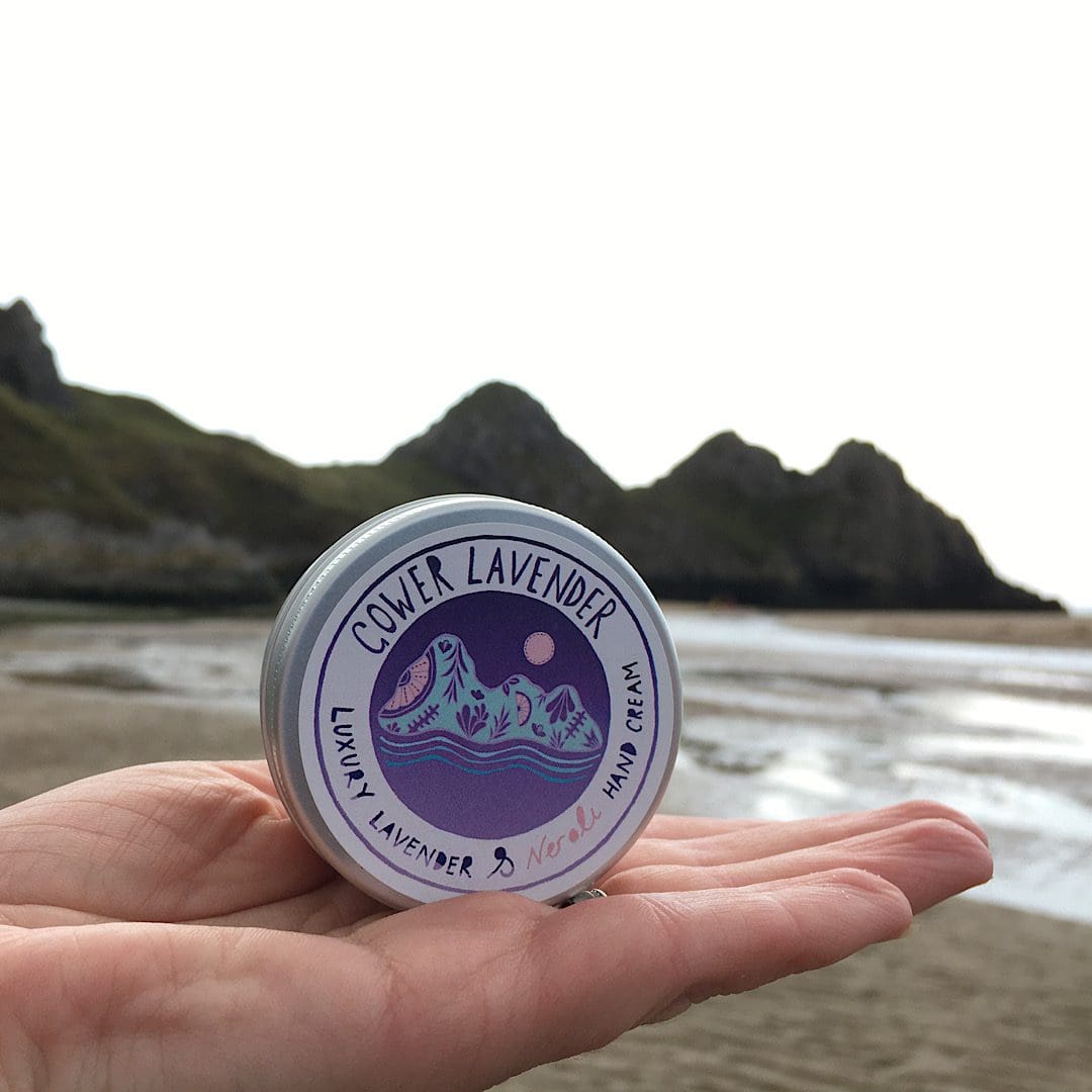 Gower lavender hand cream with the famous Three Cliffs from their logo in the background