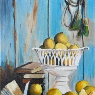 Acrylic painting of lemons in bowl with books