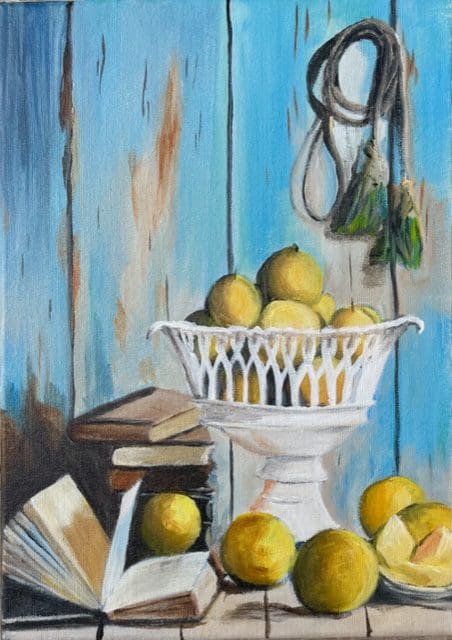 Acrylic painting of lemons in bowl with books