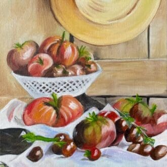 Acrylic painting of Tomatoes in Bowl with Hat