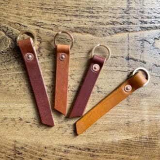 English leather key fobs with brass flat split ring in various colours.